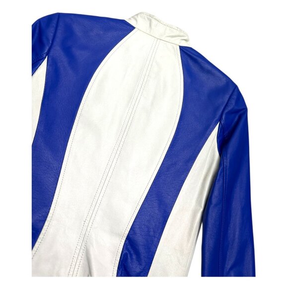 DANIER LEATHER Blue Luxury Designer Casual Motorcycle Bomber Jacket Womens 3XS - Picture 6 of 7